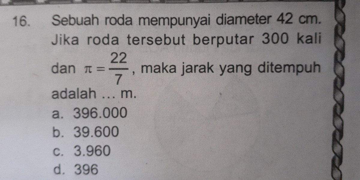 Berapa kali roda berdiameter 21 cm harus berputar menempuh 330 m