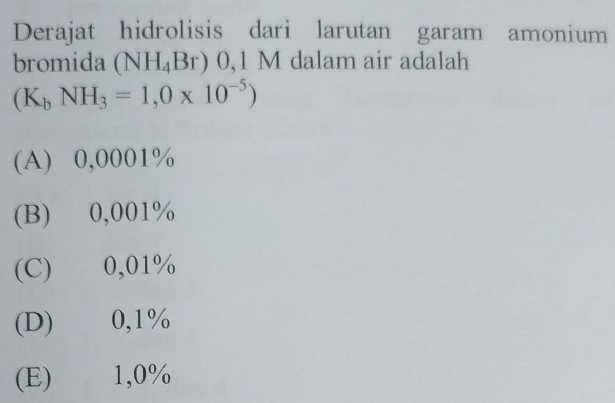 Derajat Hidrolisis Larutan NH4Cl 0,001 M Kb NH3=10⁻⁵