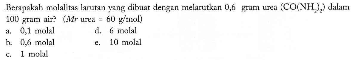 Hitung Molaritas Larutan 6 g Urea dalam 100 g Pelarut (Mr 60)