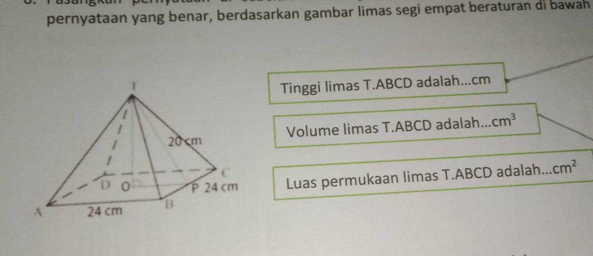Tinggi Limas Segi Empat Beraturan Volume 1372 cm³ Sisi Alas 14 cm