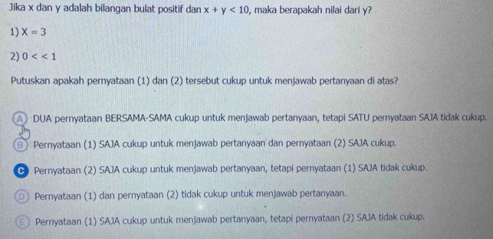 Jika bilangan bulat x dan y dibagi 4, maka bersisa 3. Jika bilangan x - 3y dibagi 4, maka bersisa