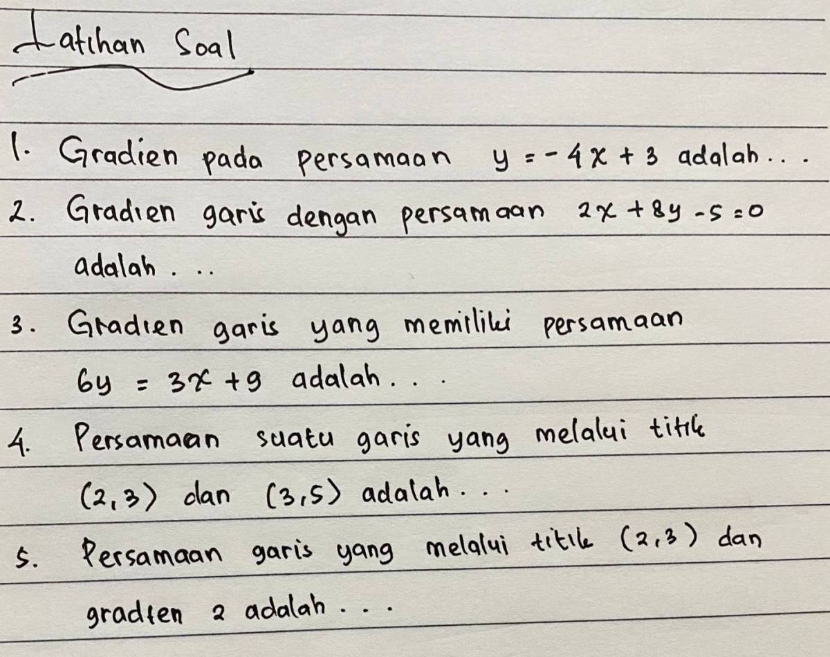 Gradien dari garis dengan persamaan 2y=3x-5 adalah
