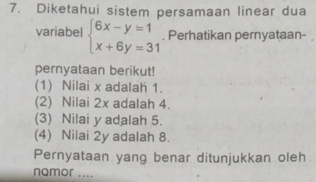 Menentukan nilai x dan y pada sistem persamaan linear 6x‑y=1, x+6y=31