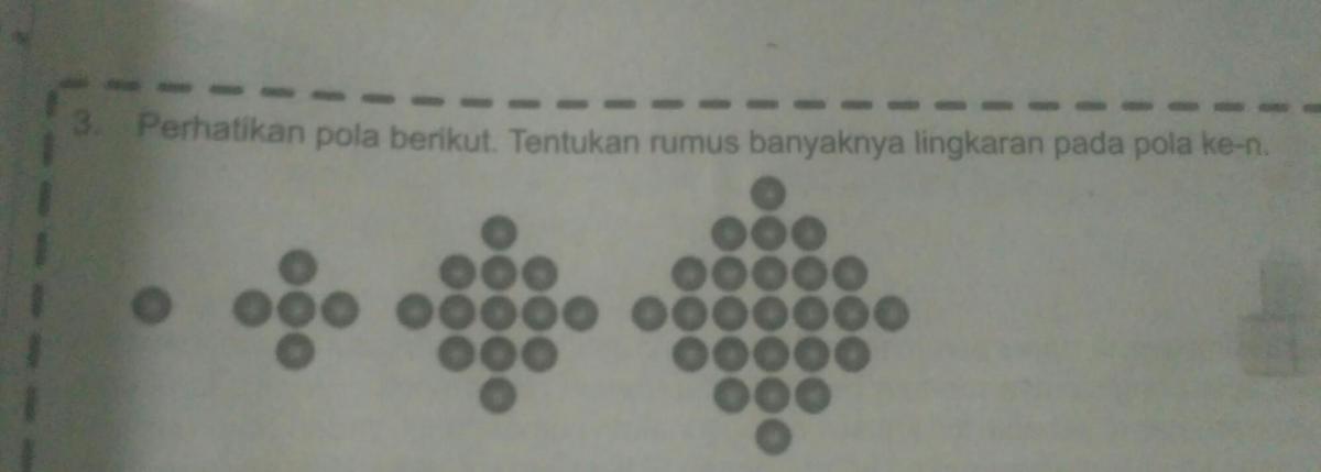 Tentukan banyak lingkaran pada pola ke- 10, 100, n pada pola berikut untuk sebarang n bilangan bulat positif.