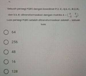 Diketahui jajargenjang PQRS dengan koordinat titik P(-4, 3), Q(6, -1), dan R(8, 7). Jika titik merupakan titik potong diagonal PR dan QS, koordinat ti