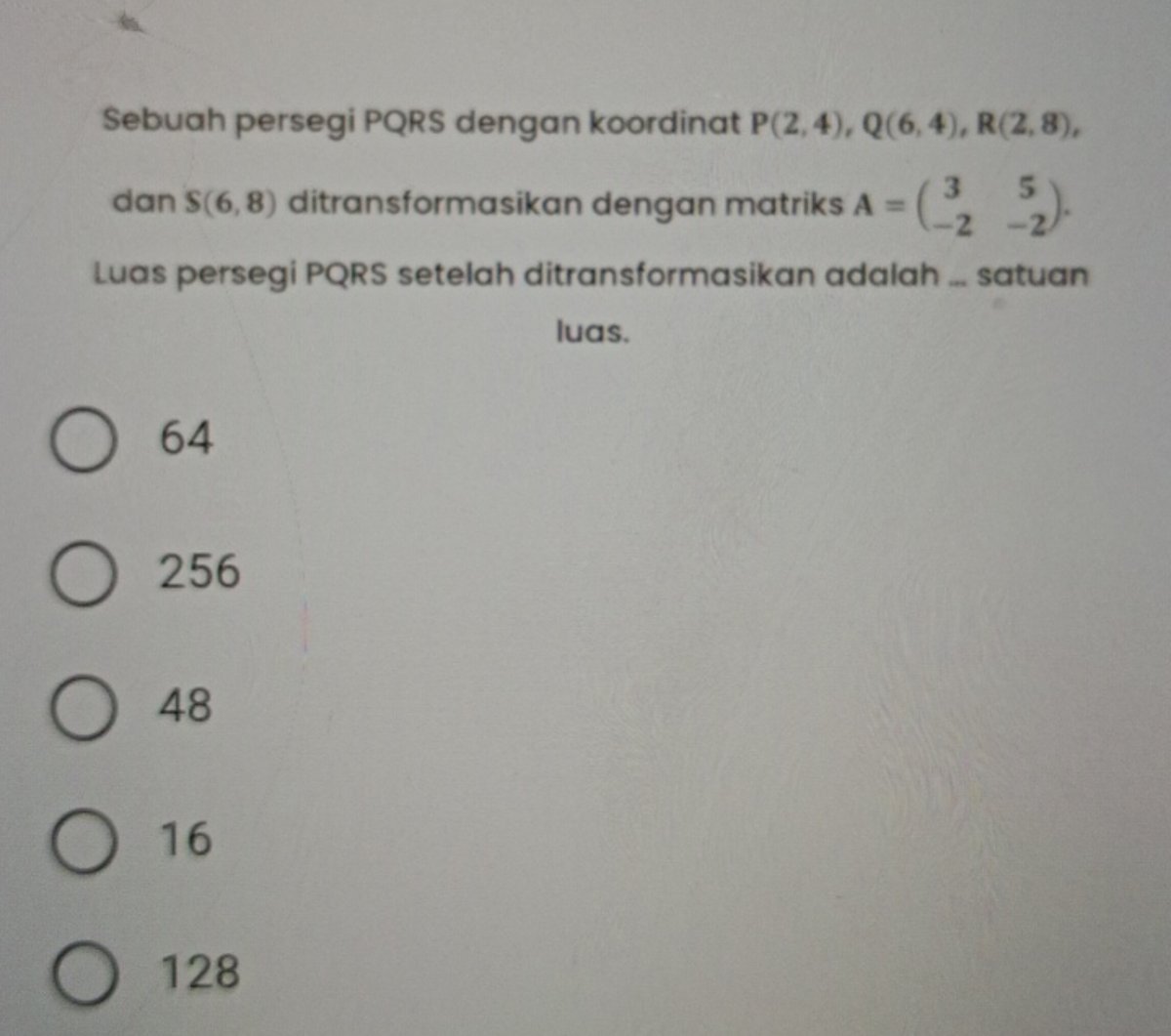 Diketahui jajargenjang PQRS dengan koordinat titik P(-4, 3), Q(6, -1), dan R(8, 7). Jika titik merupakan titik potong diagonal PR dan QS, koordinat ti