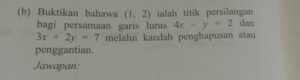 Persamaan Garis Tegak Lurus 4x+2y-1=0 Lewat Titik Potong x+y=2 dan x-2y=5