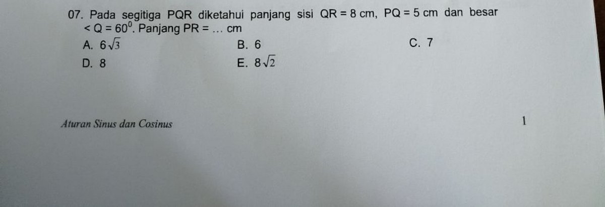 Hitung Panjang QR Segitiga PQR, ∠Q = 105°, ∠R = 45°, PQ = 10√2 cm