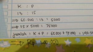 Jika 1/5 = Rp 50, berapa rupiah untuk 3/4