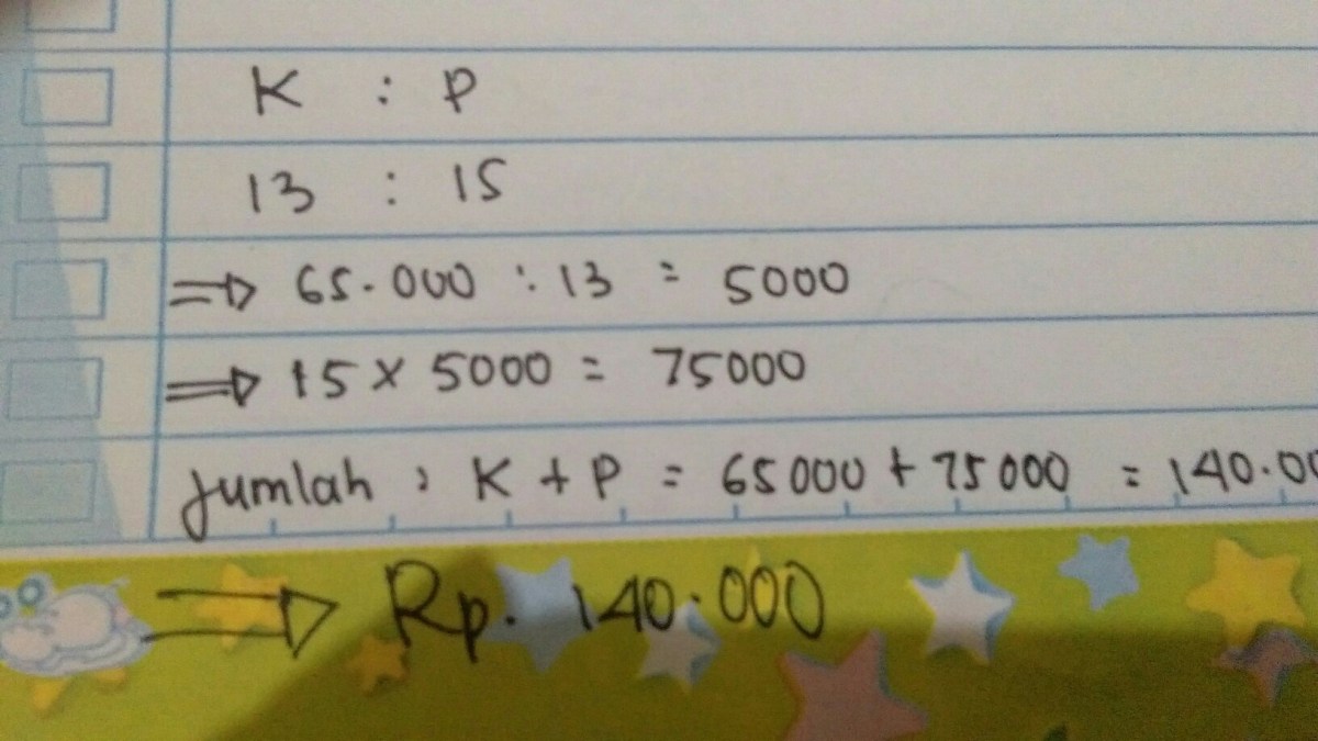 Jika 1/5 = Rp 50, berapa rupiah untuk 3/4