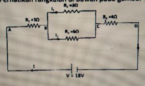 Tentukan hambatan pengganti, arus total, arus I1 & I2, serta Vab