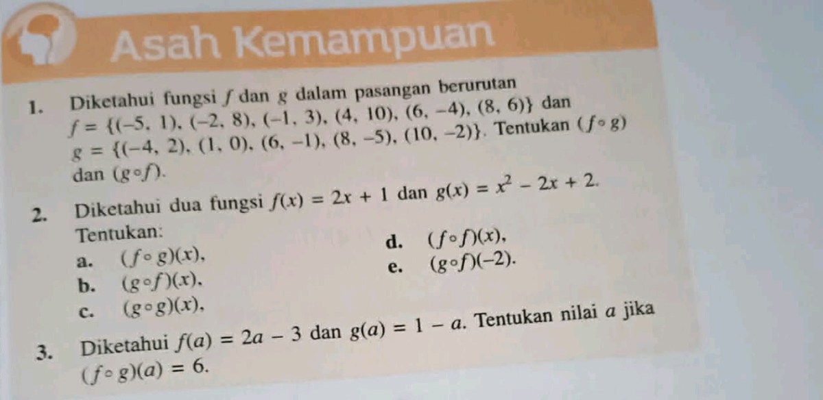 Tentukan komposisi f∘g sebagai pasangan berurutan