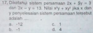 Selesaikan Sistem Persamaan 2x−y=3 dan 13x+11y=9 dengan Substitusi