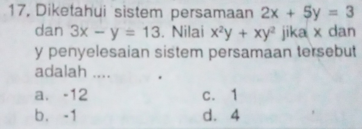 Selesaikan Sistem Persamaan 2x−y=3 dan 13x+11y=9 dengan Substitusi