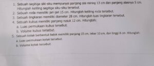 Suatu segitiga panjang sisi alasnya 6 3^(1/2) cm dan tingginya 3^(1/2) Luas segitiga tersebut cm. adalah..