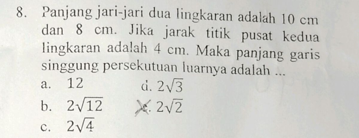 Selisih jari‑jari dua lingkaran dari singgung 24 cm, jarak pusat 26 cm