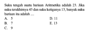 Jumlah 15 Suku Pertama Barisan Aritmetika (suku‑6=25, suku‑11=45)