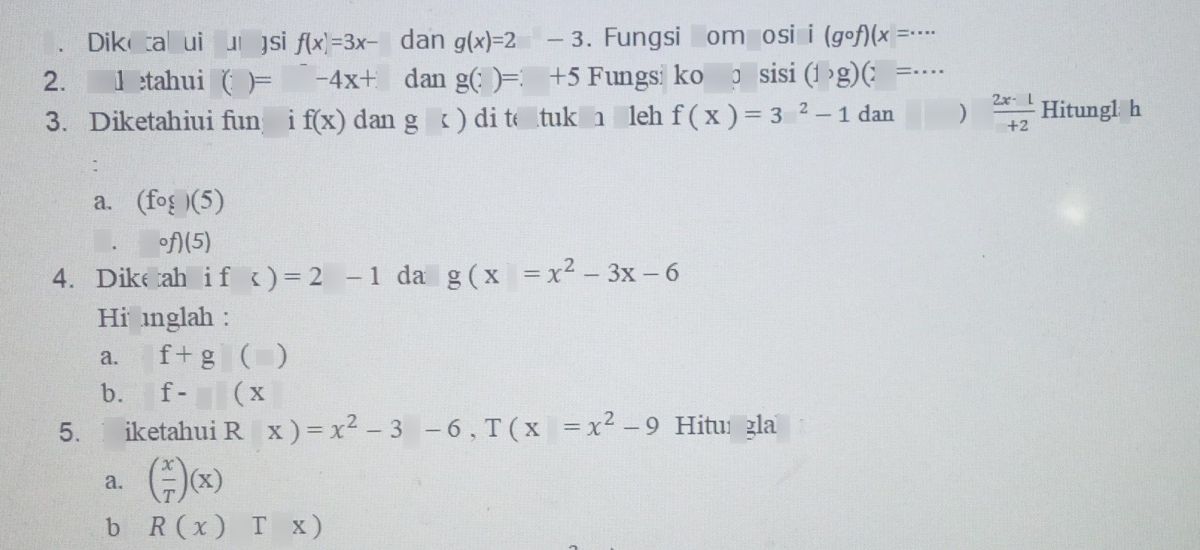 Hitung nilai g(2) dari (f∘g)(x)=x²‑2x‑2 dan f(x)=x‑3