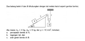 Tegangan tali pada balok A (2 kg) dan B (3 kg) dengan gaya 40 N