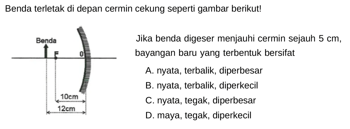 Benda 10 cm, 24 cm dari cermin cekung f=16 cm: hitung bayangan.