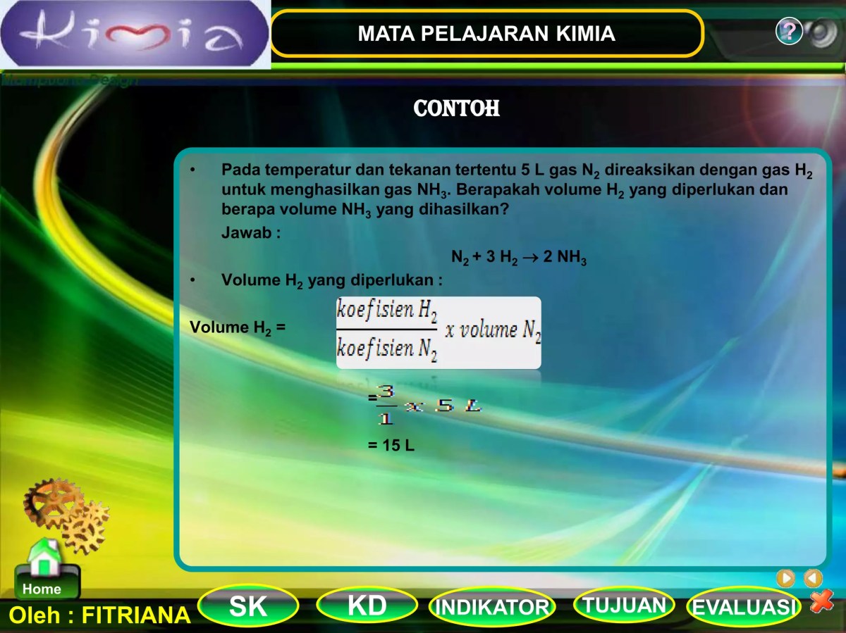 Hitung volume N2 dan H2 untuk 15 L NH3 pada tekanan sama