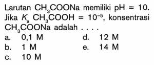 Konsentrasi CH3COONa pada larutan pH 10 dengan Ka 10⁻⁵