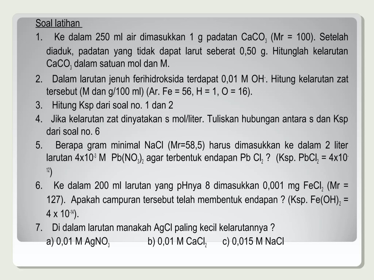 Menentukan Ksp CaCO3 dari kelarutan 5 mg/500 mL