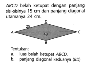 Luas Belah Ketupat ABCD dengan Keliling 40 cm dan CE 8 cm