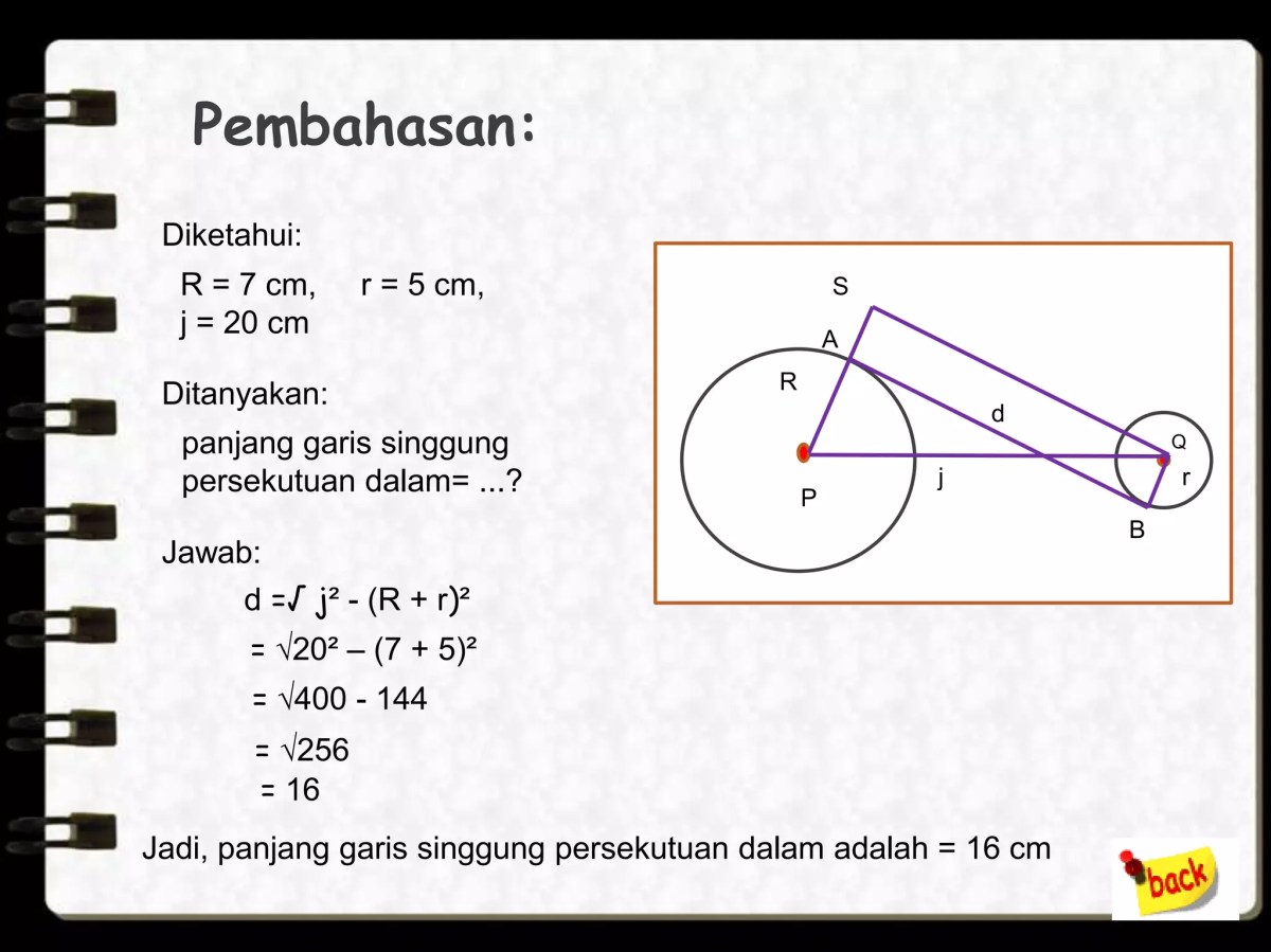 Panjang Garis Singgung Dalam Lingkaran (r=2 cm, r=7 cm, jarak 15 cm)