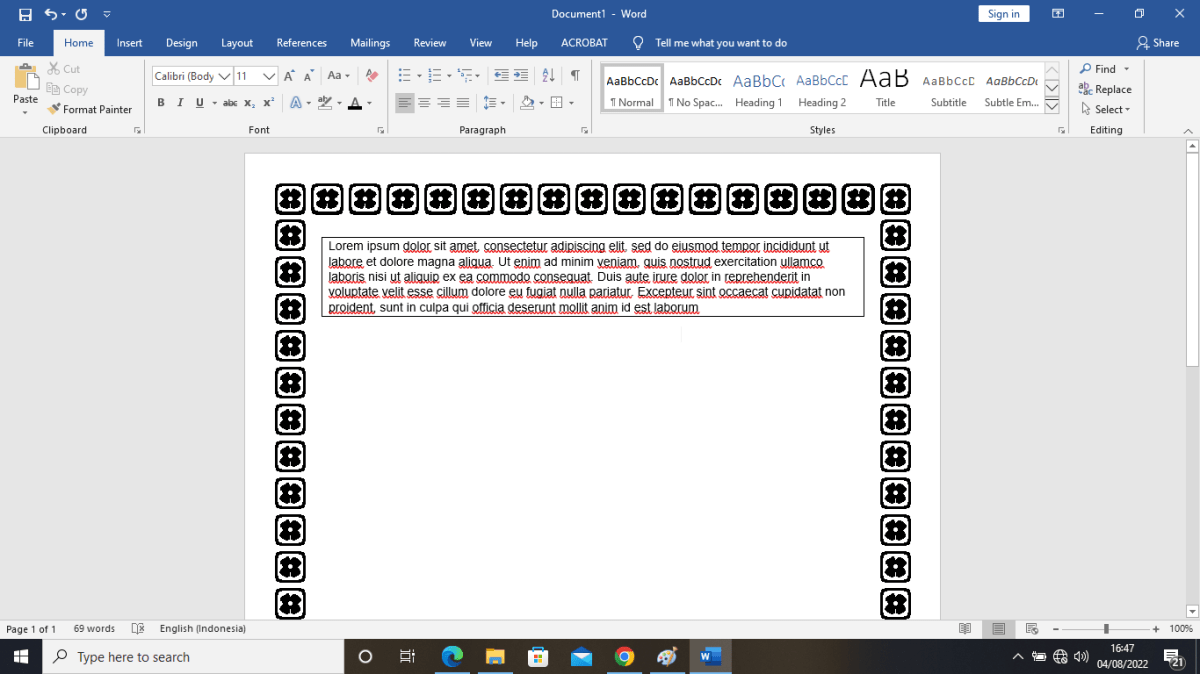 Perintah untuk menambahkan bingkai pada lembar dokumen