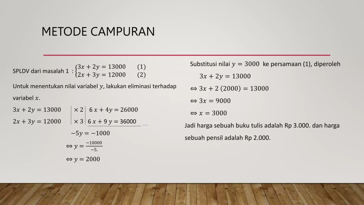 Menyelesaikan Sistem Persamaan -3x+7y=1 dan 2x+5y=-20 Metode Campuran
