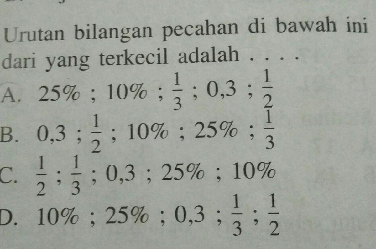 Urutkan Pecahan dari Terkecil ke Terbesar: 3/4, 0,125, 18/20, 25%, 4/5
