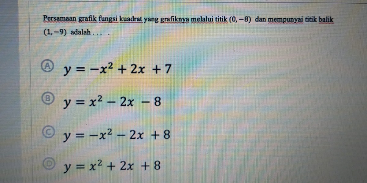 Persamaan grafik fungsi kuadrat yang mempunyai titik balik (1, 4) serta melalui titik (2, 3) adalah
