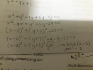 Tentukan jari‑jari dan pusat lingkaran dari persamaan x²+y²−4x−6y+9=0