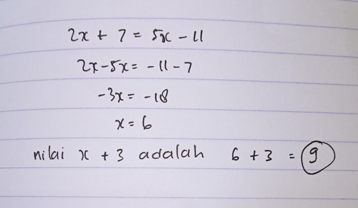 Jika 5(x + 2) + 3 = 2x - 2, nilai 4x + 3 adalah