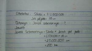 Hitung jarak sebenarnya ke air terjun dari denah skala 1:25000