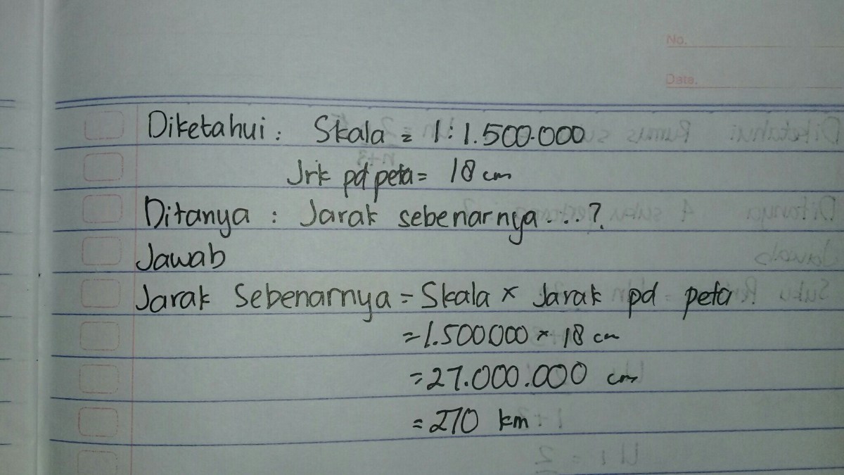 Hitung jarak sebenarnya ke air terjun dari denah skala 1:25000