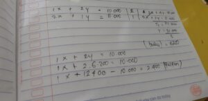 Harga 12 pensil dan 8 buku Rp 44.000,00 sedangkan harga 9 pensil dan 4 buku Rp 31.000,00. Jumlah uang yang harus dibayarkan untuk 2 pensil dan 5 buku