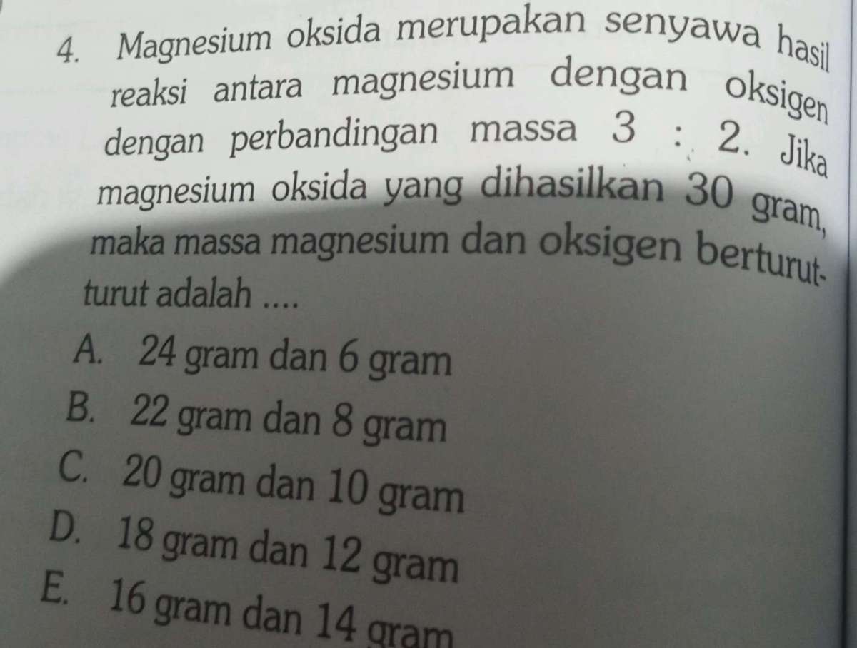 Hitung gram oksigen untuk bereaksi dengan 12,2 g magnesium