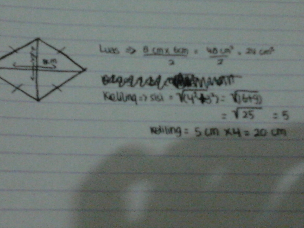 Hitung keliling belah ketupat dengan diagonal 24 cm dan 32 cm