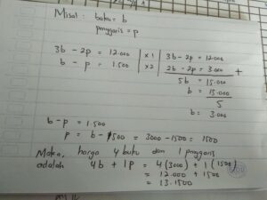 Diketahui harga 2 buah mangga dan 3 buah jeruk adalah Rp6.000,00, sedangkan harga 5 buah mangga dan 4 buah jeruk adalah Rp11.500,00. Jumlah uang yang